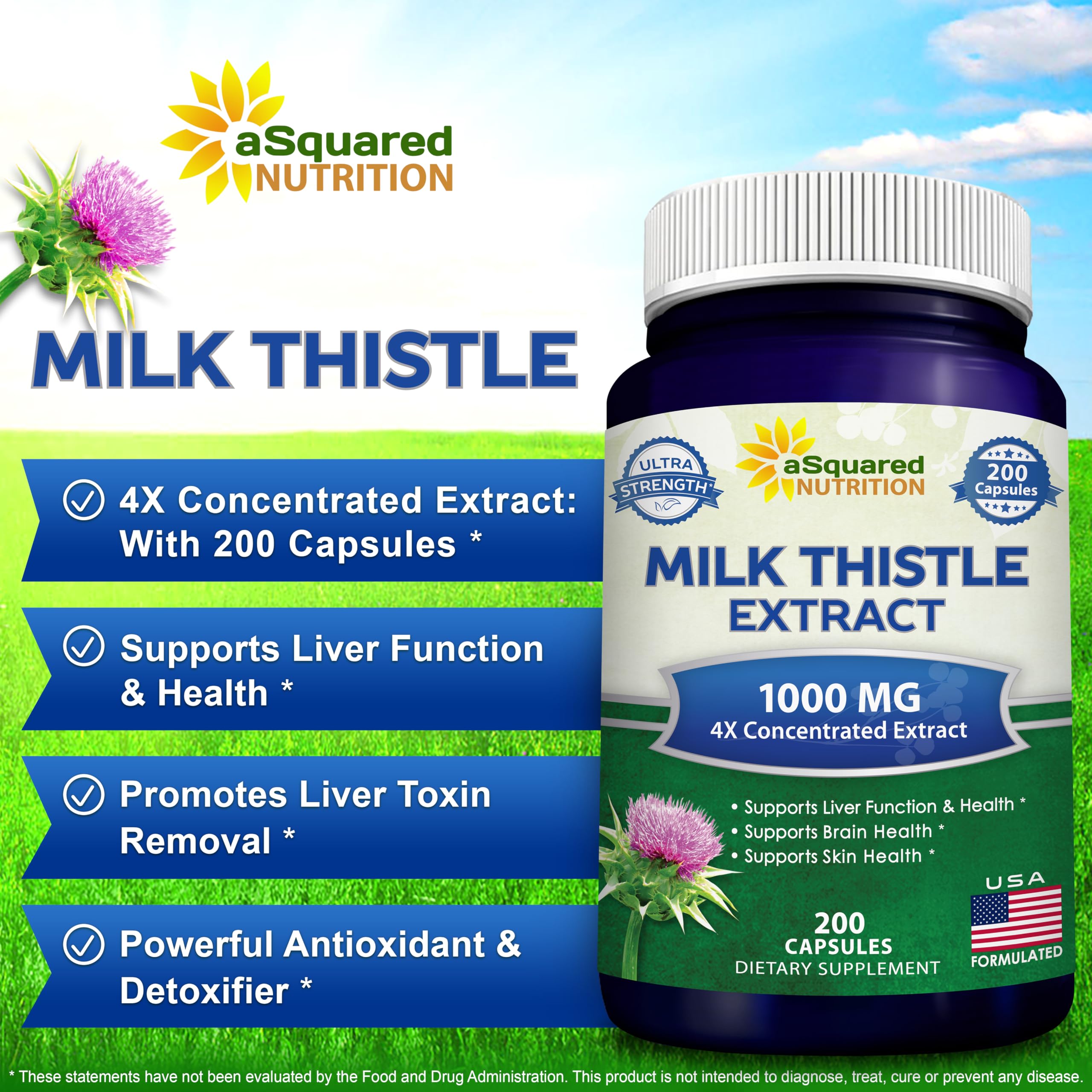 ASquared Nutrition high strength milk thistle extract supplement bottle label view