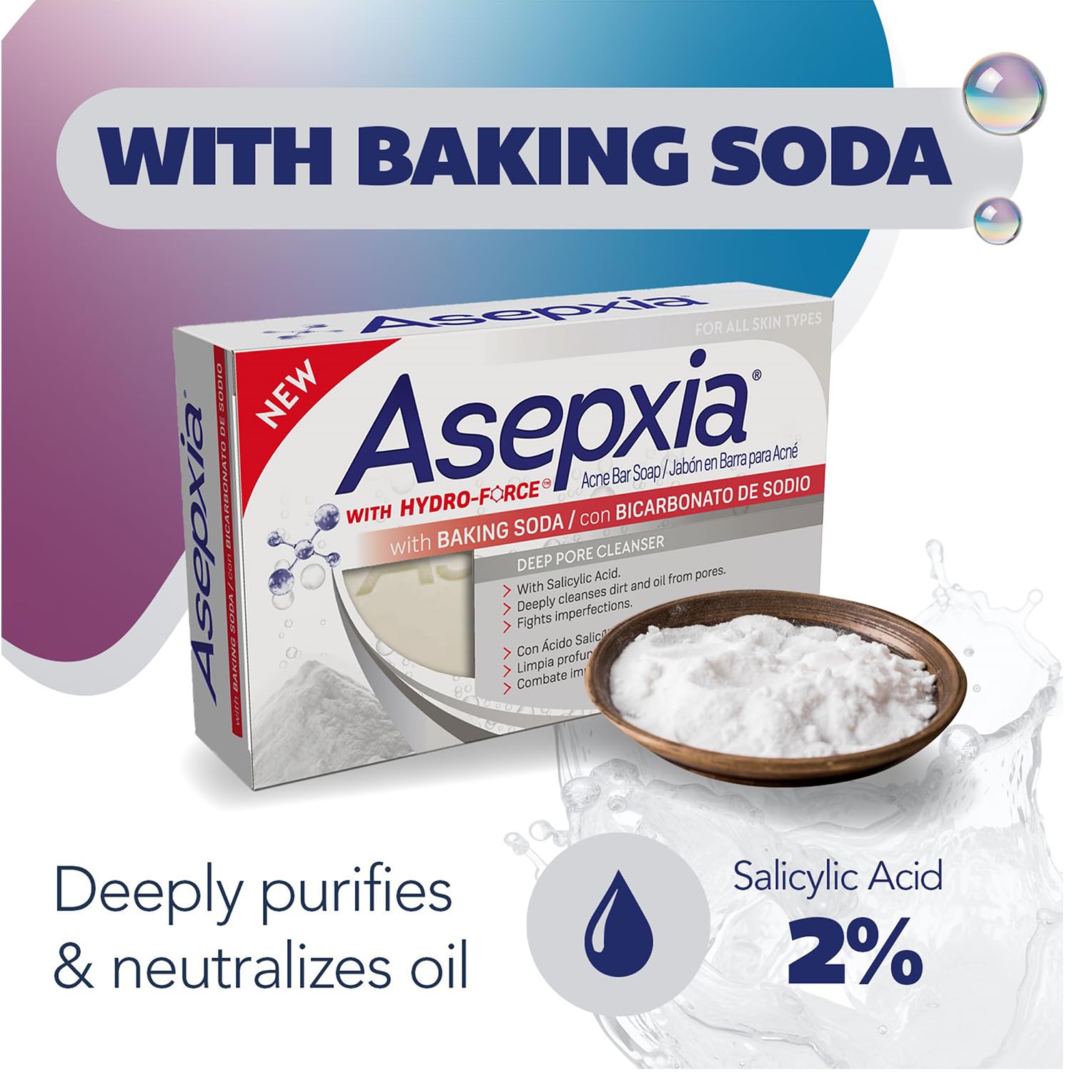 Back label of Asepxia acne soap showing active ingredient of 1.8 percent salicylic acid