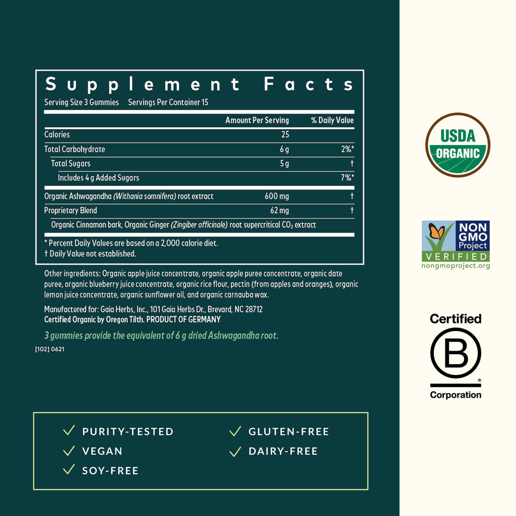 Certified USDA Organic vegan ashwagandha gummies for healthy cortisol balance.