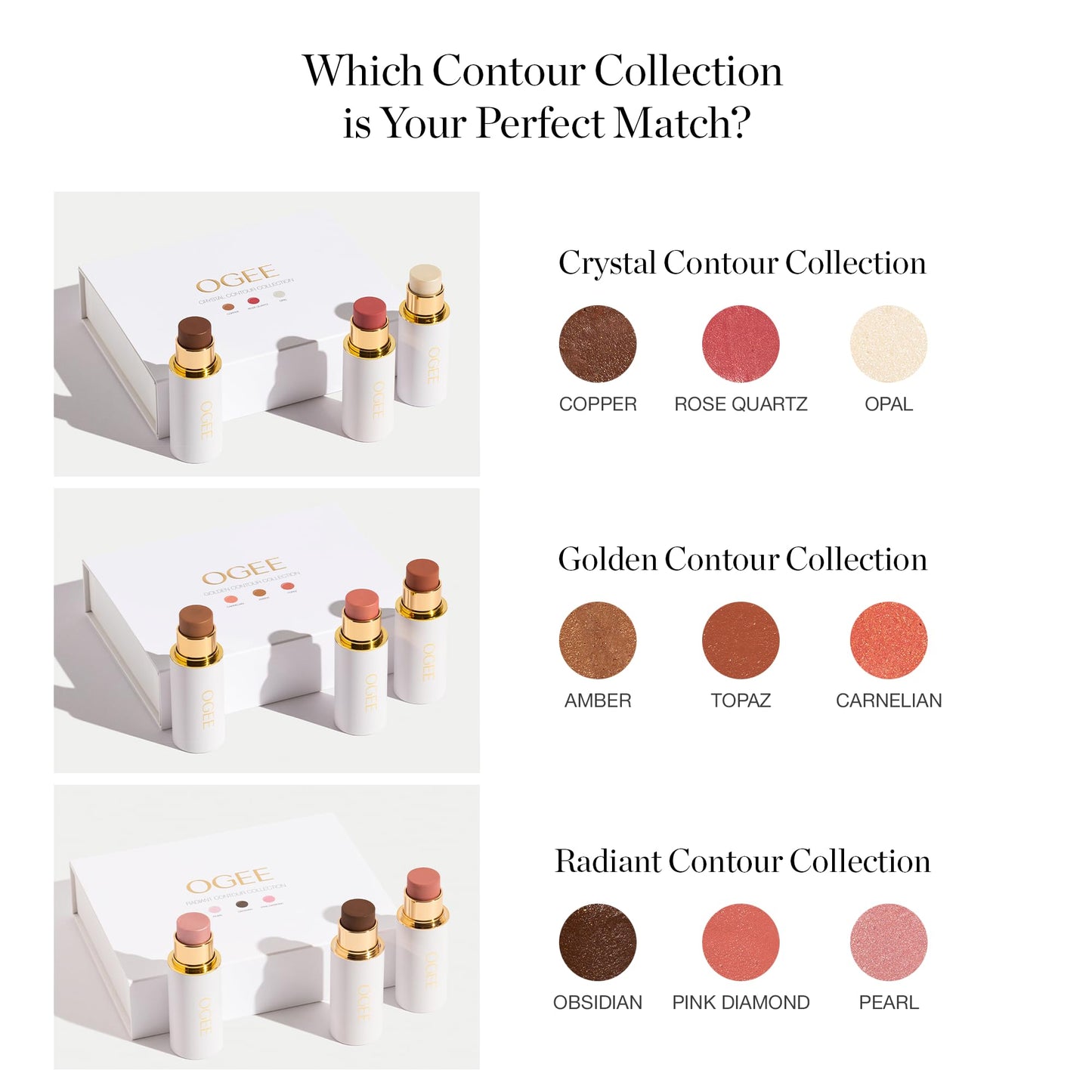 Texture shot of the buildable Ogee cream contour sticks showcasing their smooth blendability.