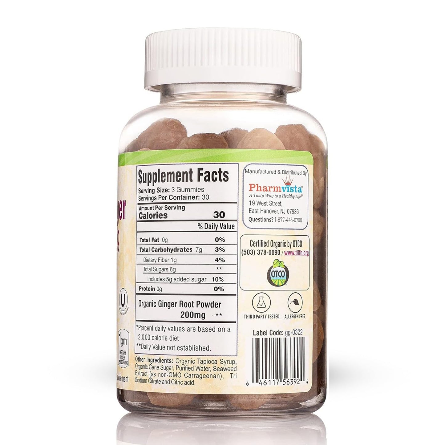 Side angle of the organic ginger digestive supplement bottle highlighting vegan and gluten free labels.