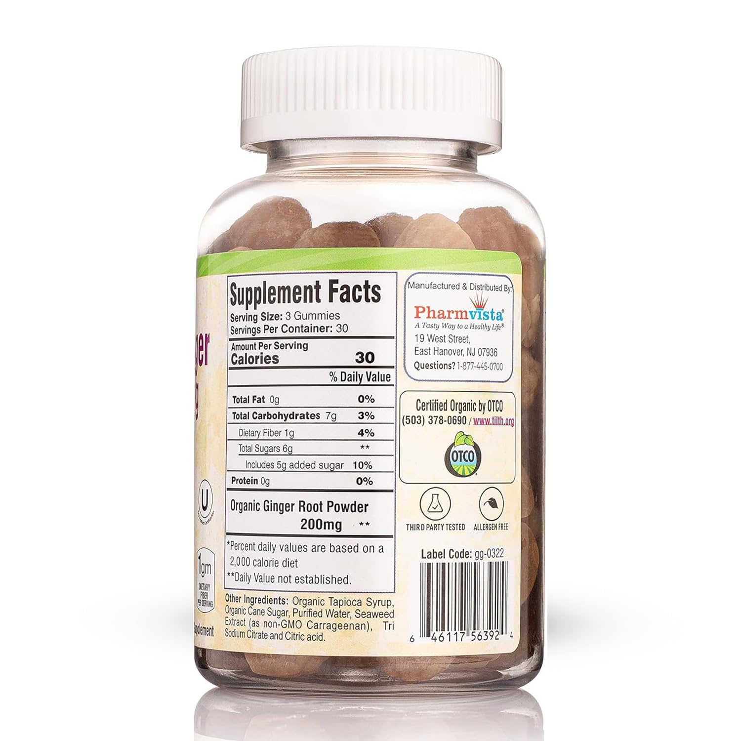 Side angle of the organic ginger digestive supplement bottle highlighting vegan and gluten free labels.