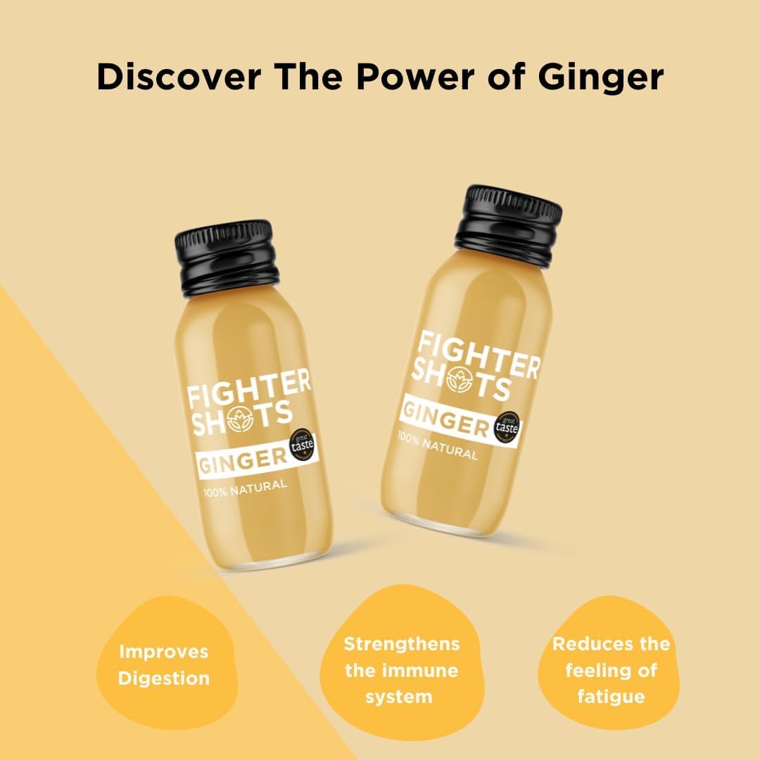 Fighter Shots ginger and lemon immune support liquid drink setup on a clean wellness backdrop.
