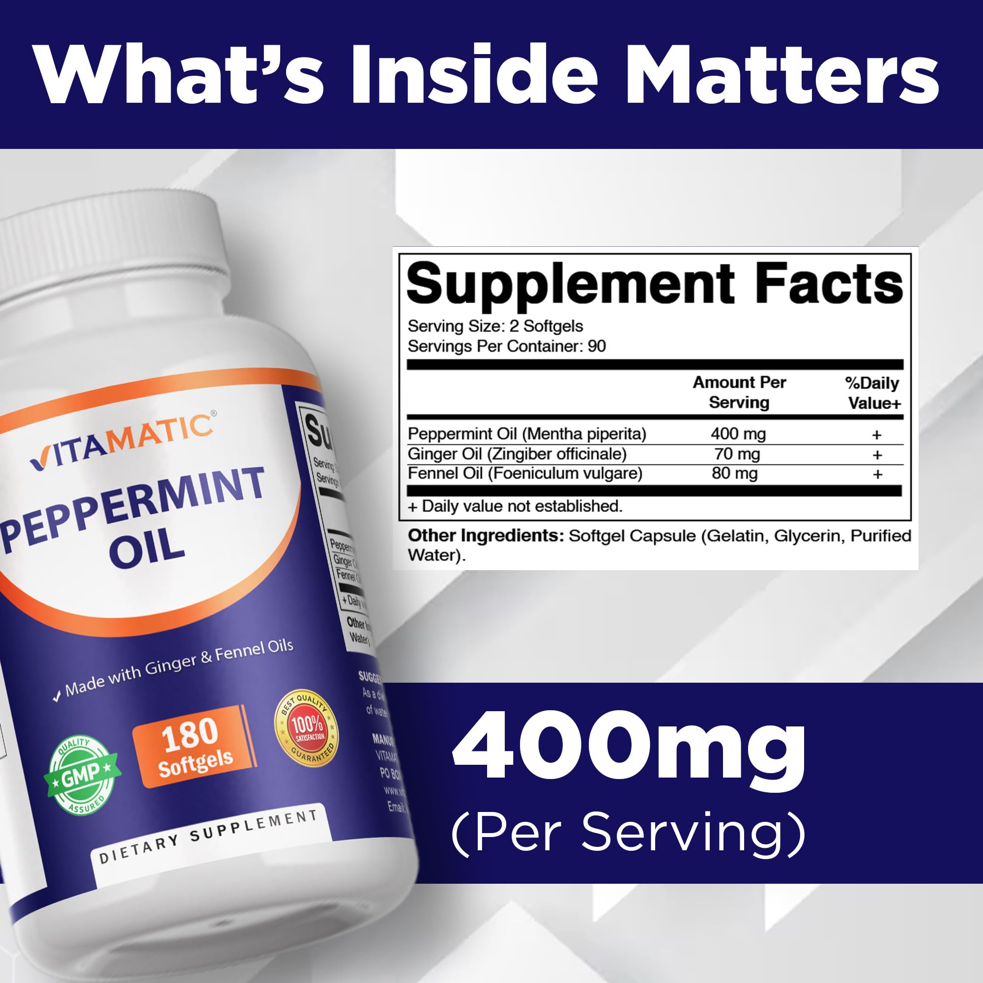 Vitamatic Peppermint Oil Gel packaging detailing 550mg herbal blend supplement facts