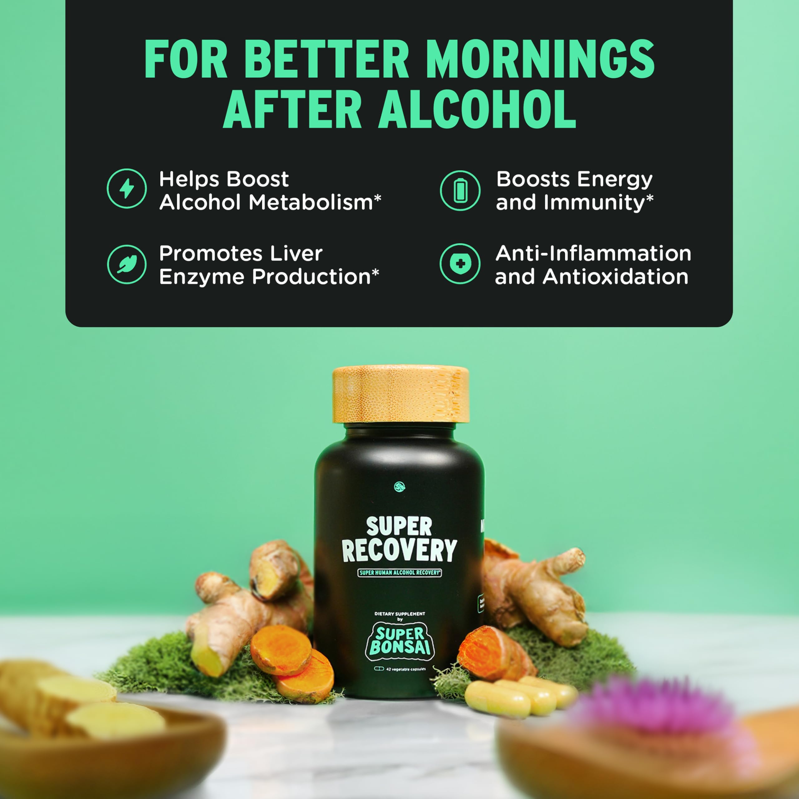 SuperBonsai alcohol recovery supplement nutrition facts and natural ingredients label view