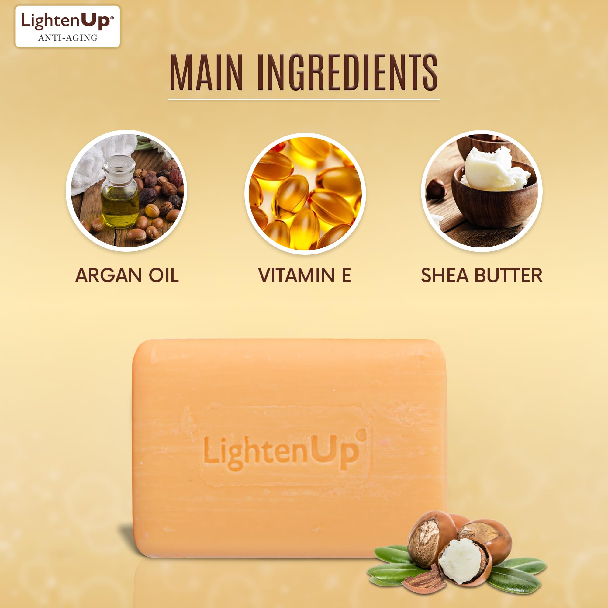 OMIC LightenUp 200g soap bar showcasing ingredients like Shea Butter and Argan Oil.
