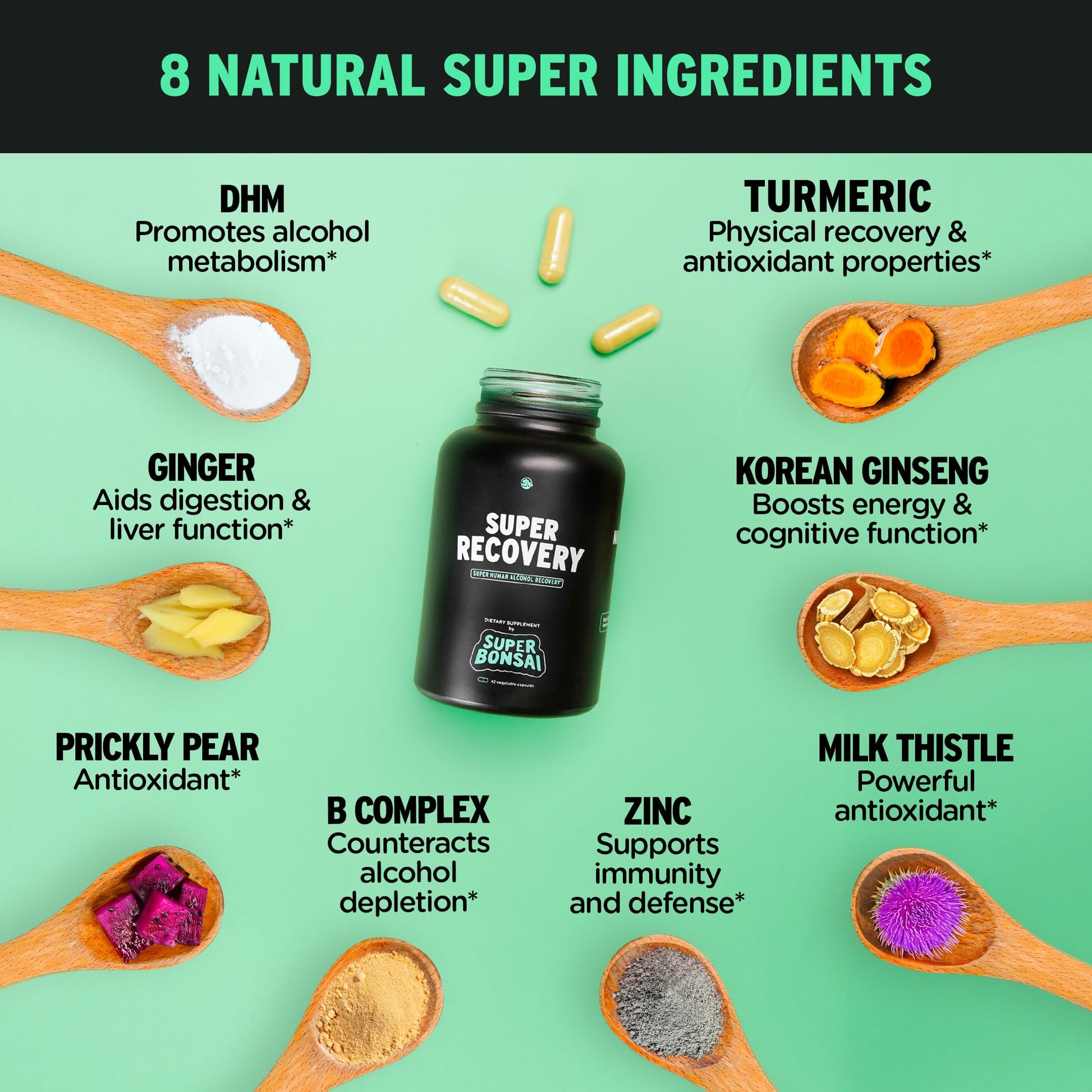 SuperBonsai premium post alcohol defense capsules packaging side panel detailing directions
