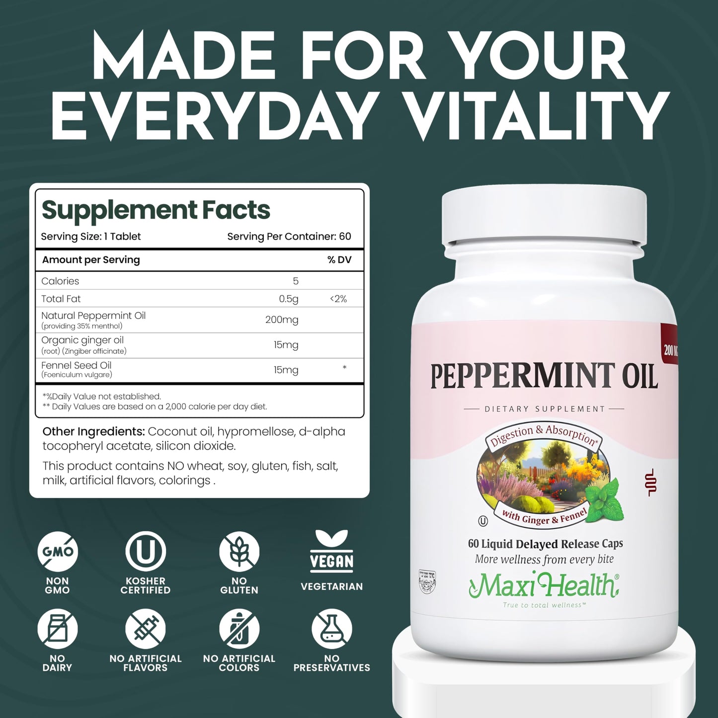 Maxi Health Peppermint Oil delayed release capsules nutritional facts label and essential oil ingredient information.