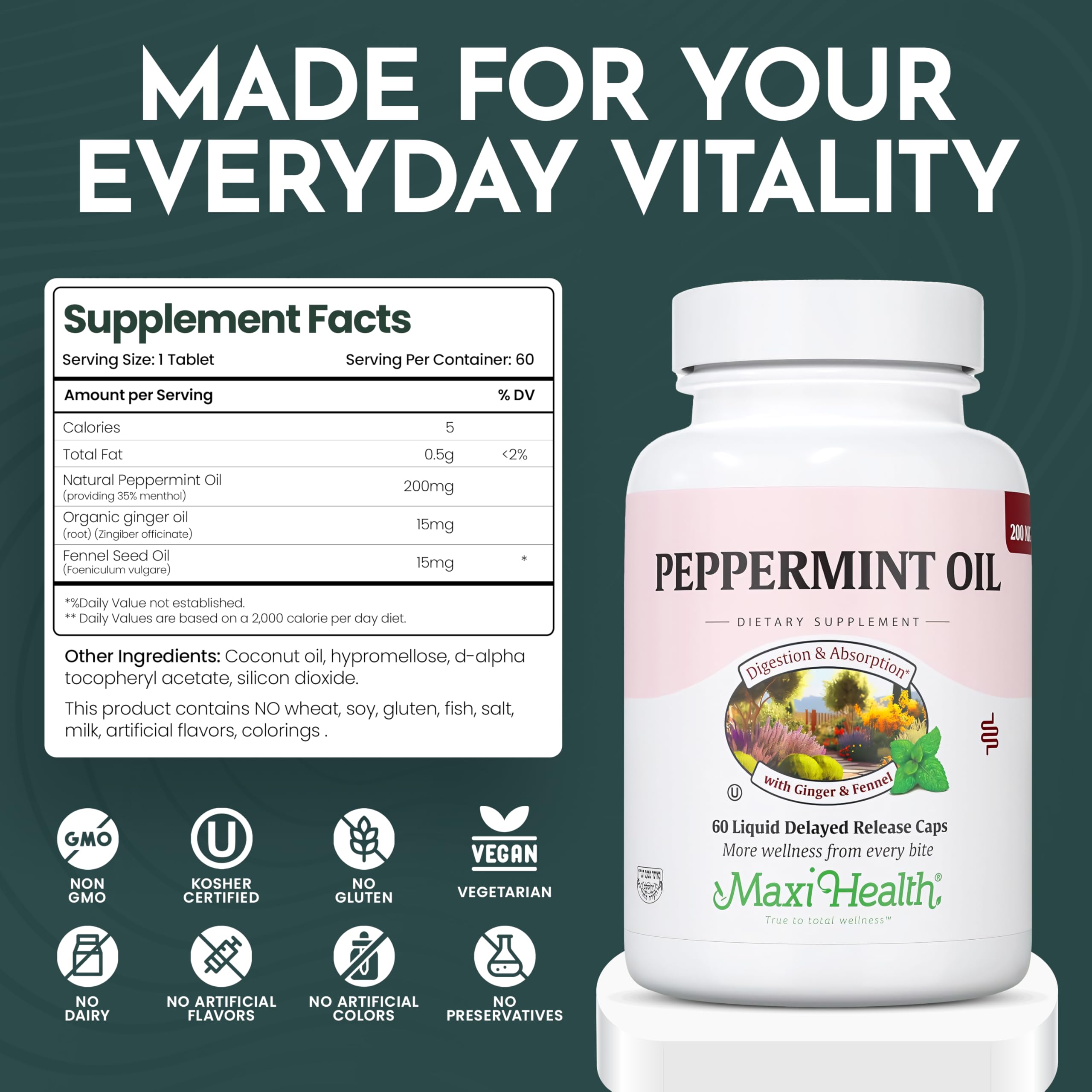 Maxi Health Peppermint Oil delayed release capsules nutritional facts label and essential oil ingredient information.