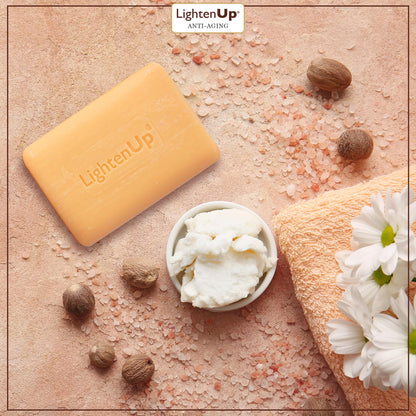 Full product display of OMIC LightenUp soap featuring Vitamin A and E benefits.
