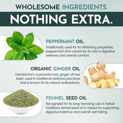 Maxi Health Peppermint and Ginger Oil capsule size reference and premium amber bottle packaging.
