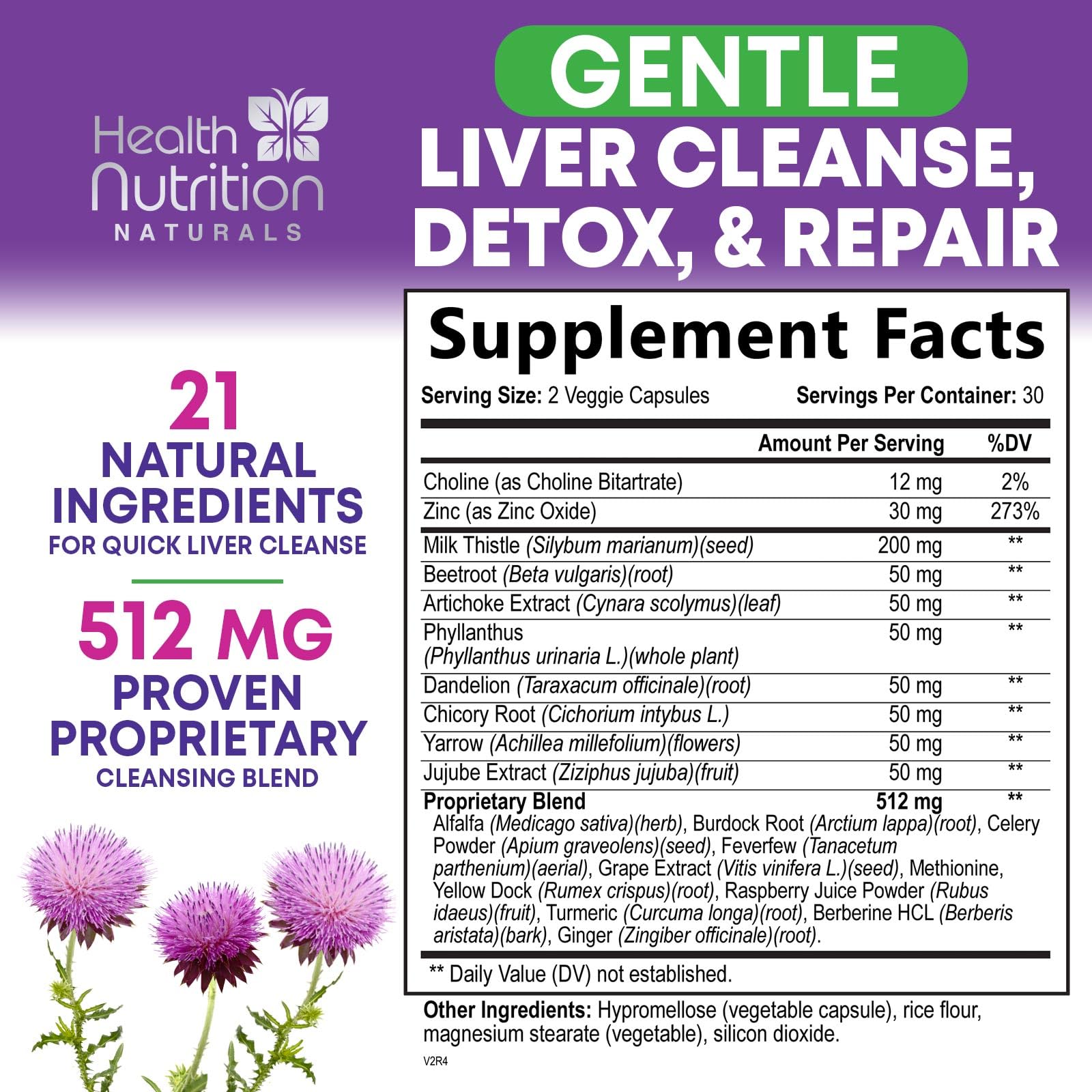 Health Nutrition Naturals supplement bottle detailing the 1104mg extra strength silymarin herbal blend label ingredients