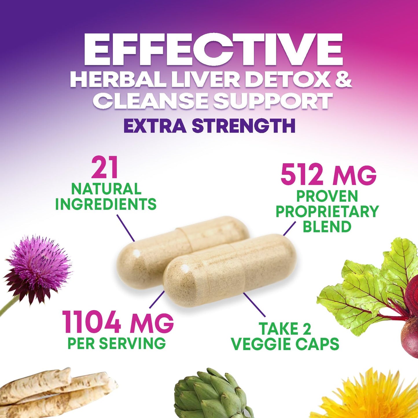 Vegetarian liver support pills showcasing artichoke extract and dandelion root blend features