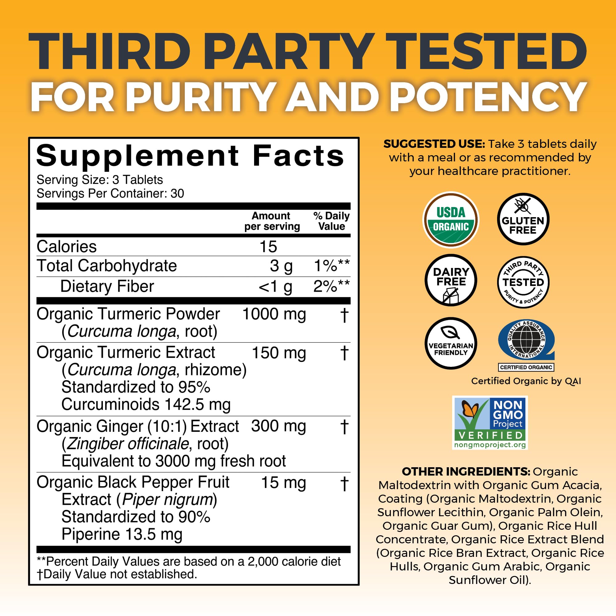 Viva Naturals Turmeric and Ginger supplement bottle showing USDA Organic certification.