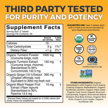 Viva Naturals Turmeric and Ginger supplement bottle showing USDA Organic certification.