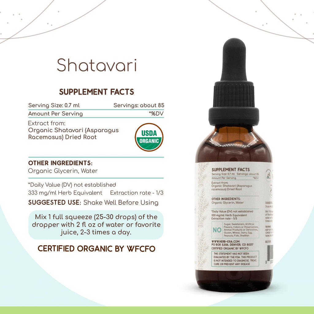 USA imported HerbEra organic shatavari extract two fluid ounces packaging