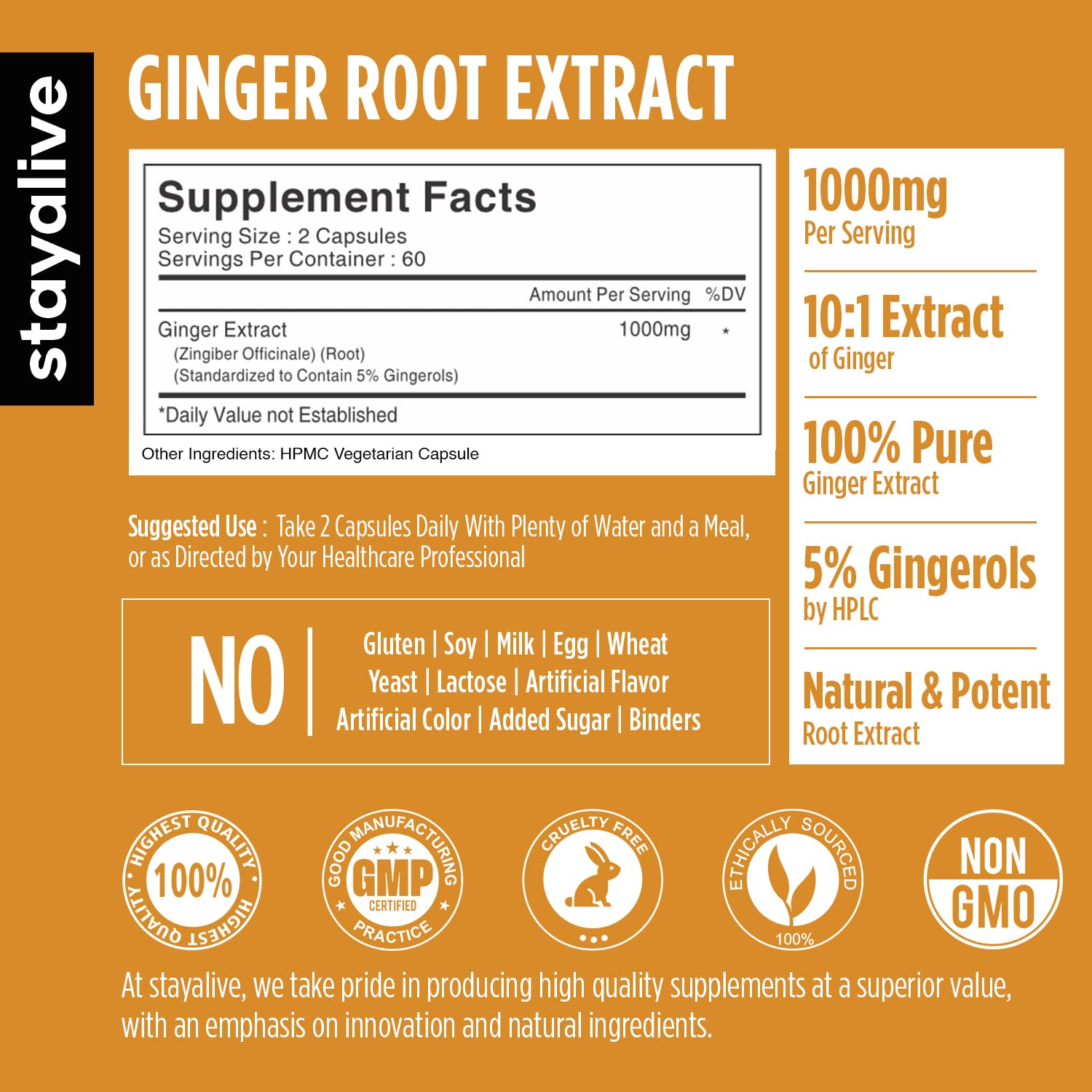 Stay Alive Ginger Root supplement bottle showing premium herbal ingredients.