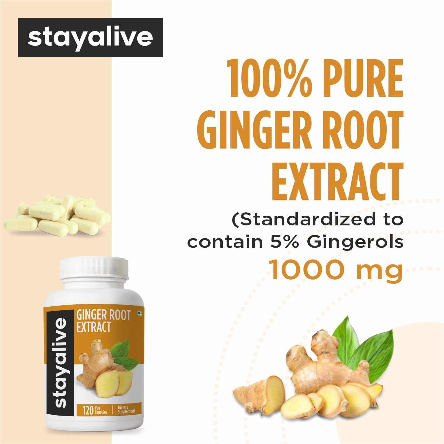 Side view of Stay Alive 10 to 1 concentrated ginger supplement label.