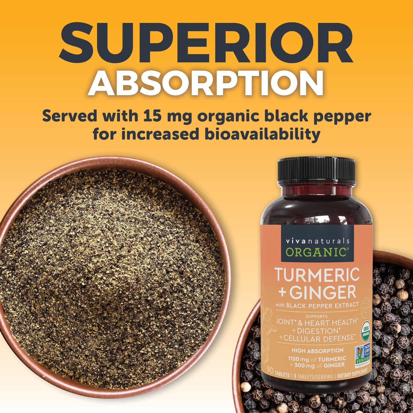 Viva Naturals Non GMO Project Verified turmeric and ginger health supplement package.