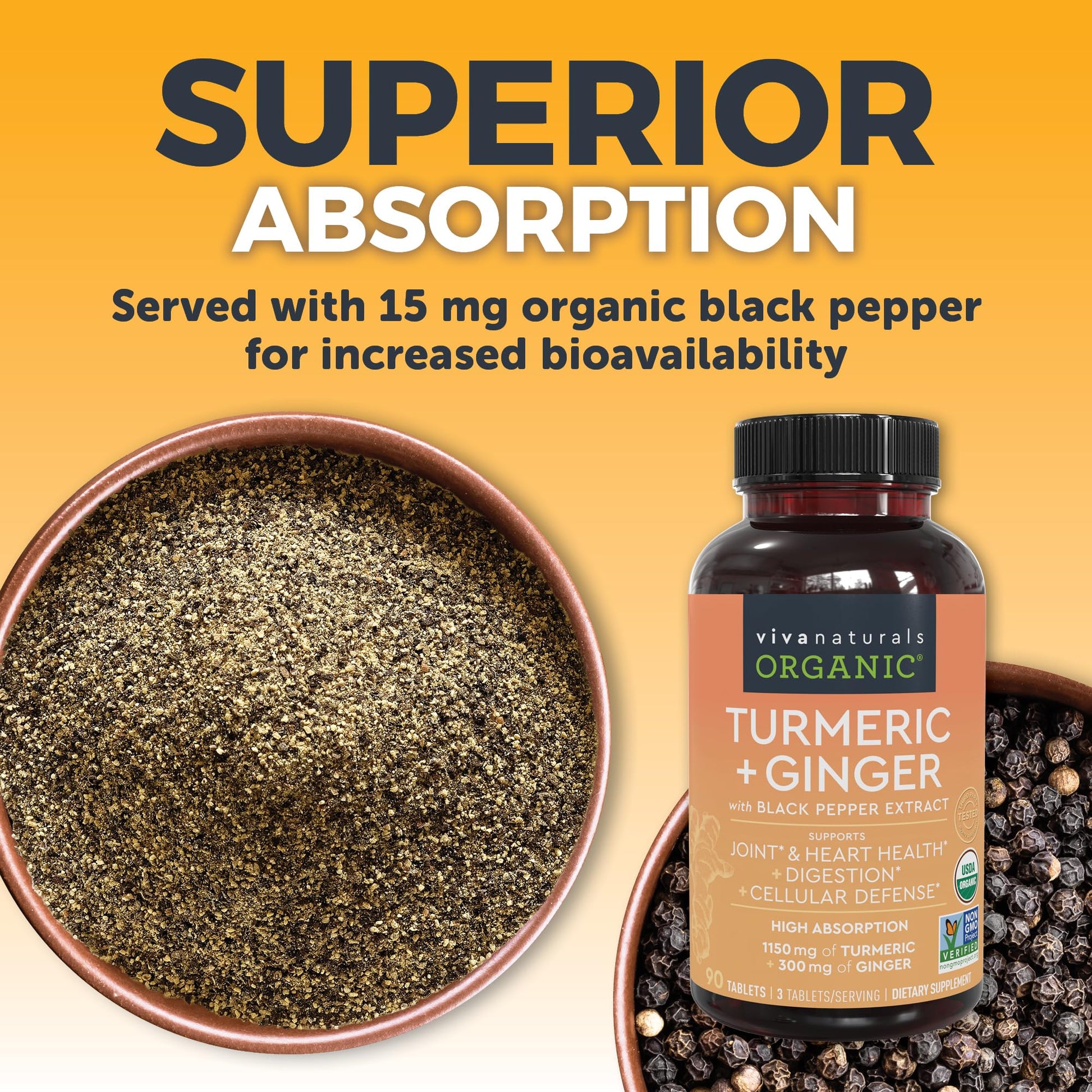 Viva Naturals Non GMO Project Verified turmeric and ginger health supplement package.