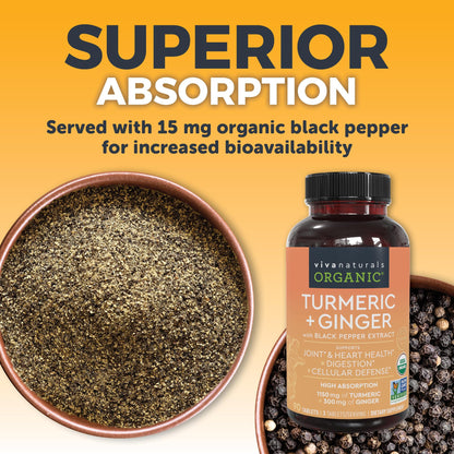 Viva Naturals Non GMO Project Verified turmeric and ginger health supplement package.