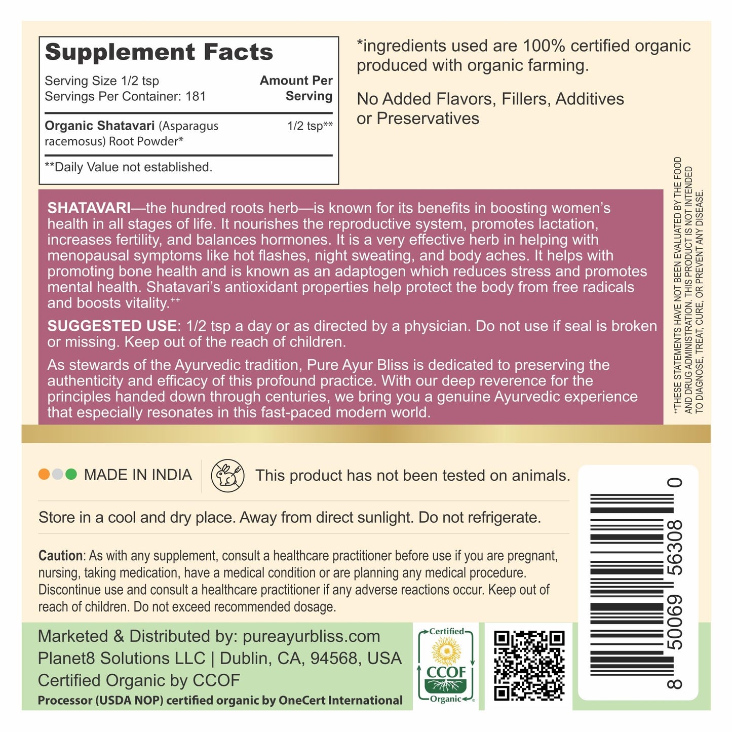 PureAyurbliss Shatavari 16 Ounce packaging showing USDA Organic seal