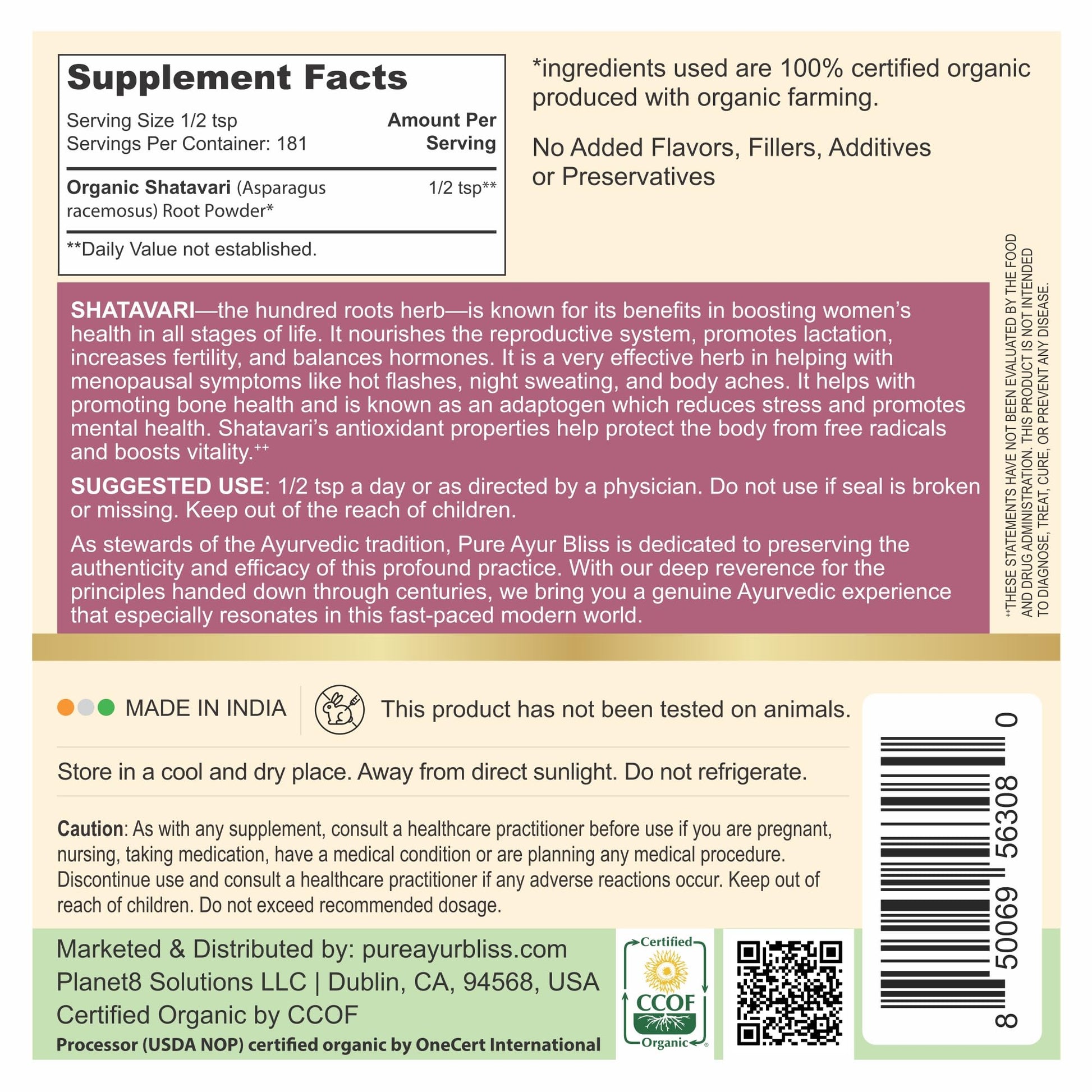 PureAyurbliss Shatavari 16 Ounce packaging showing USDA Organic seal