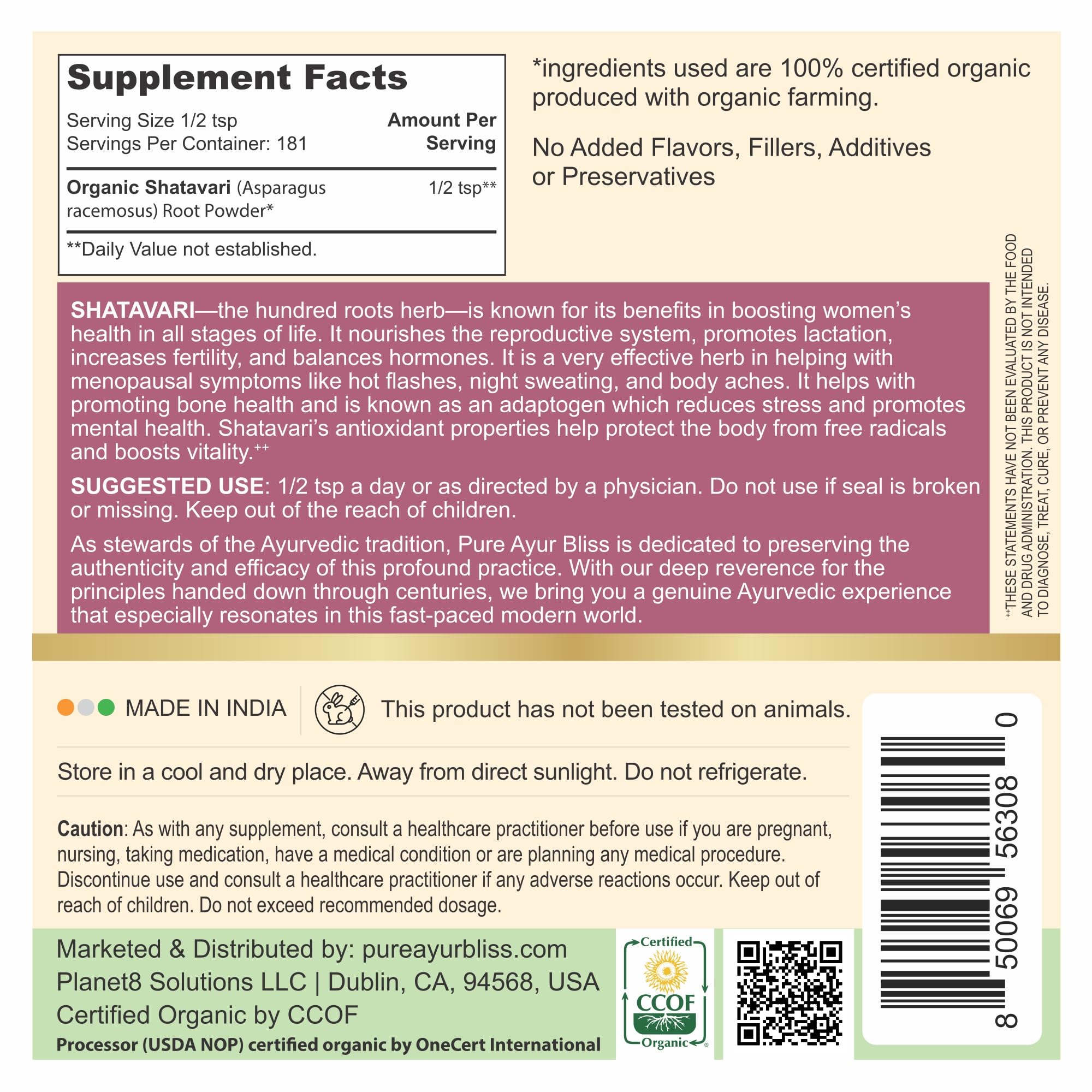 PureAyurbliss Shatavari 16 Ounce packaging showing USDA Organic seal