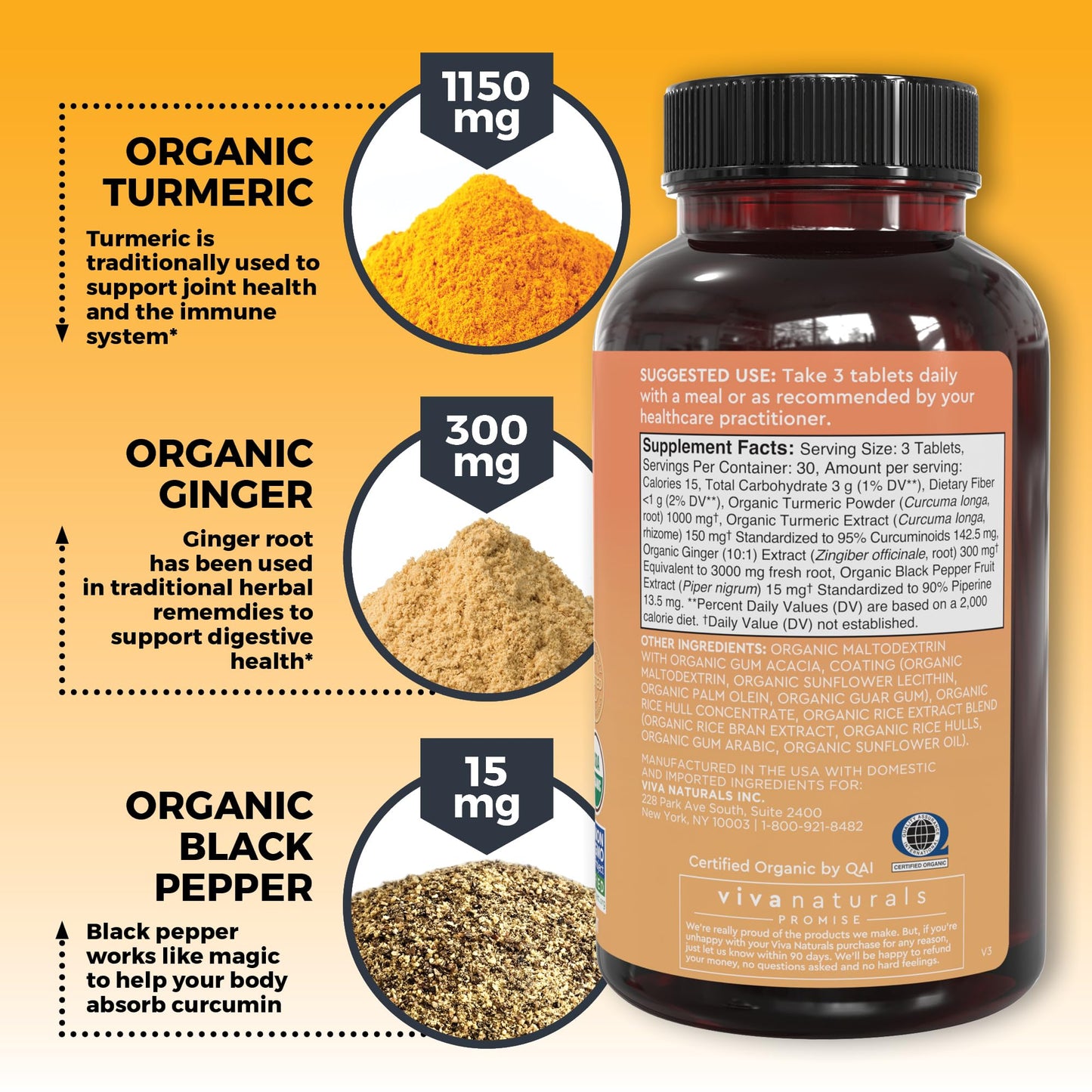Premium dietary supplement by Viva Naturals featuring organic turmeric and ginger roots.