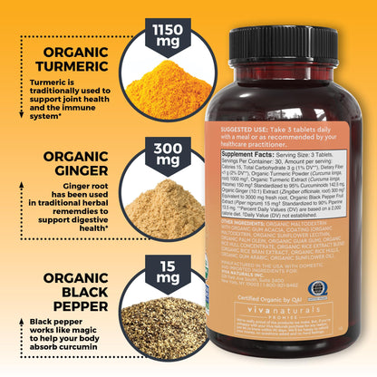 Premium dietary supplement by Viva Naturals featuring organic turmeric and ginger roots.