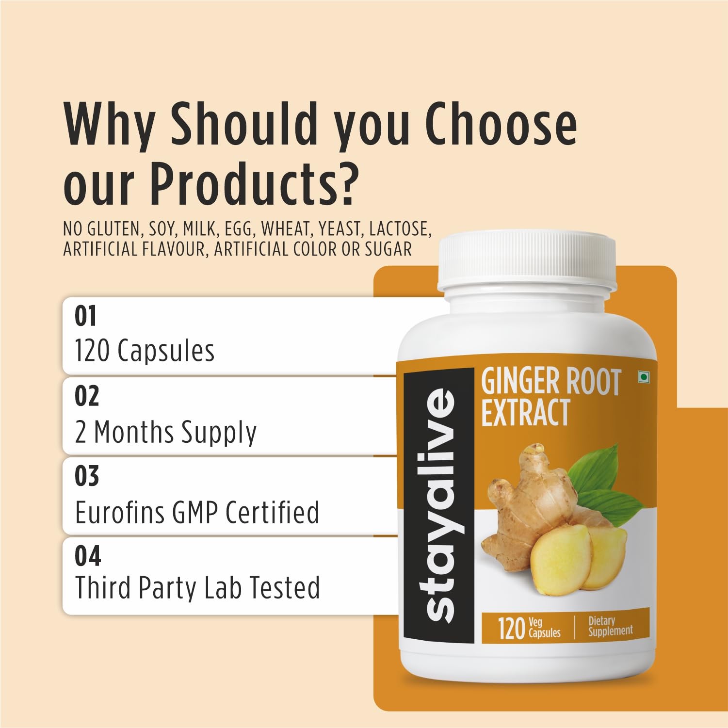 Stay Alive Pure Ginger Root capsules packaging displaying the vegetarian seal.