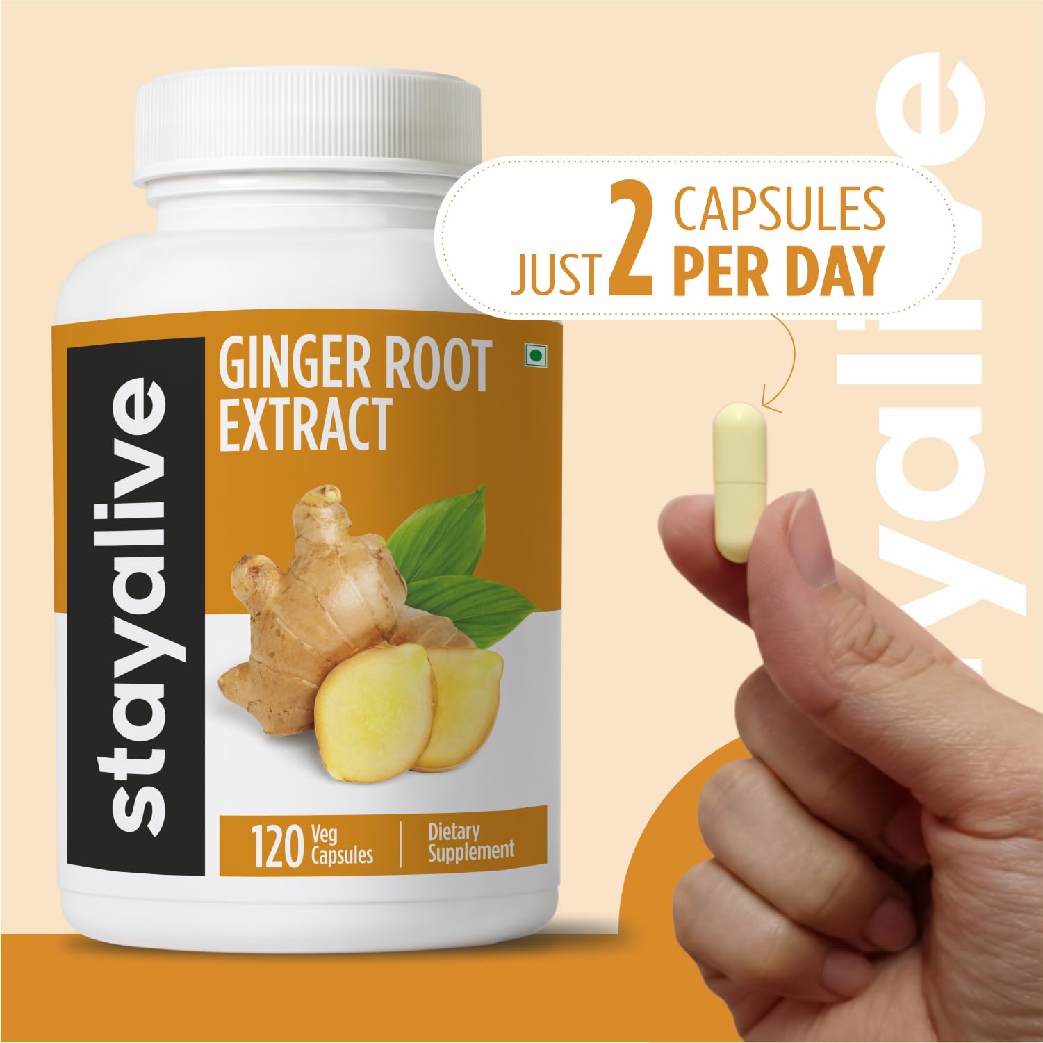 Authentic USA imported Stay Alive ginger supplement bottle on a plain background.