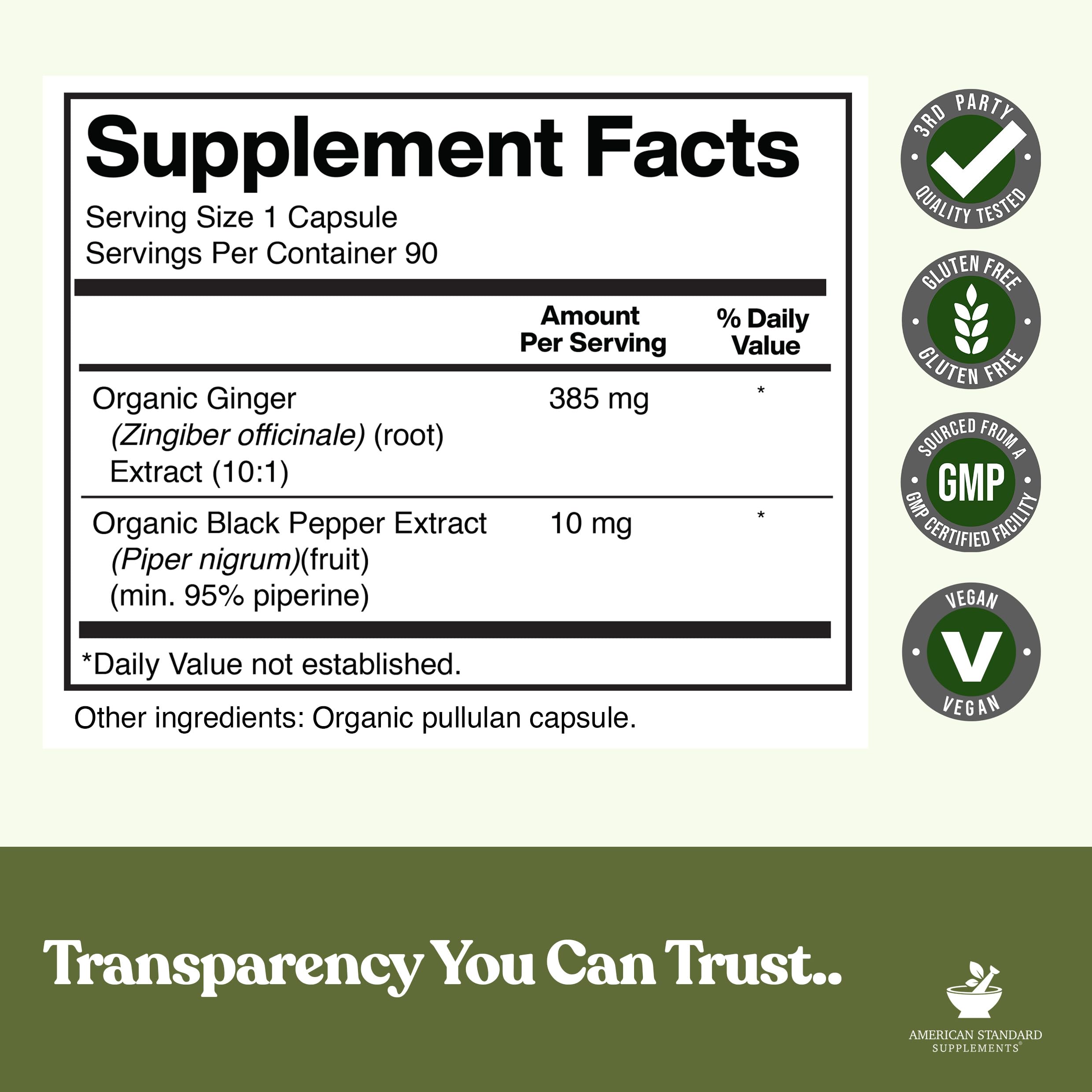 Organic Ginger Root Extract 3850 milligrams supplement facts label showing serving size and ingredients