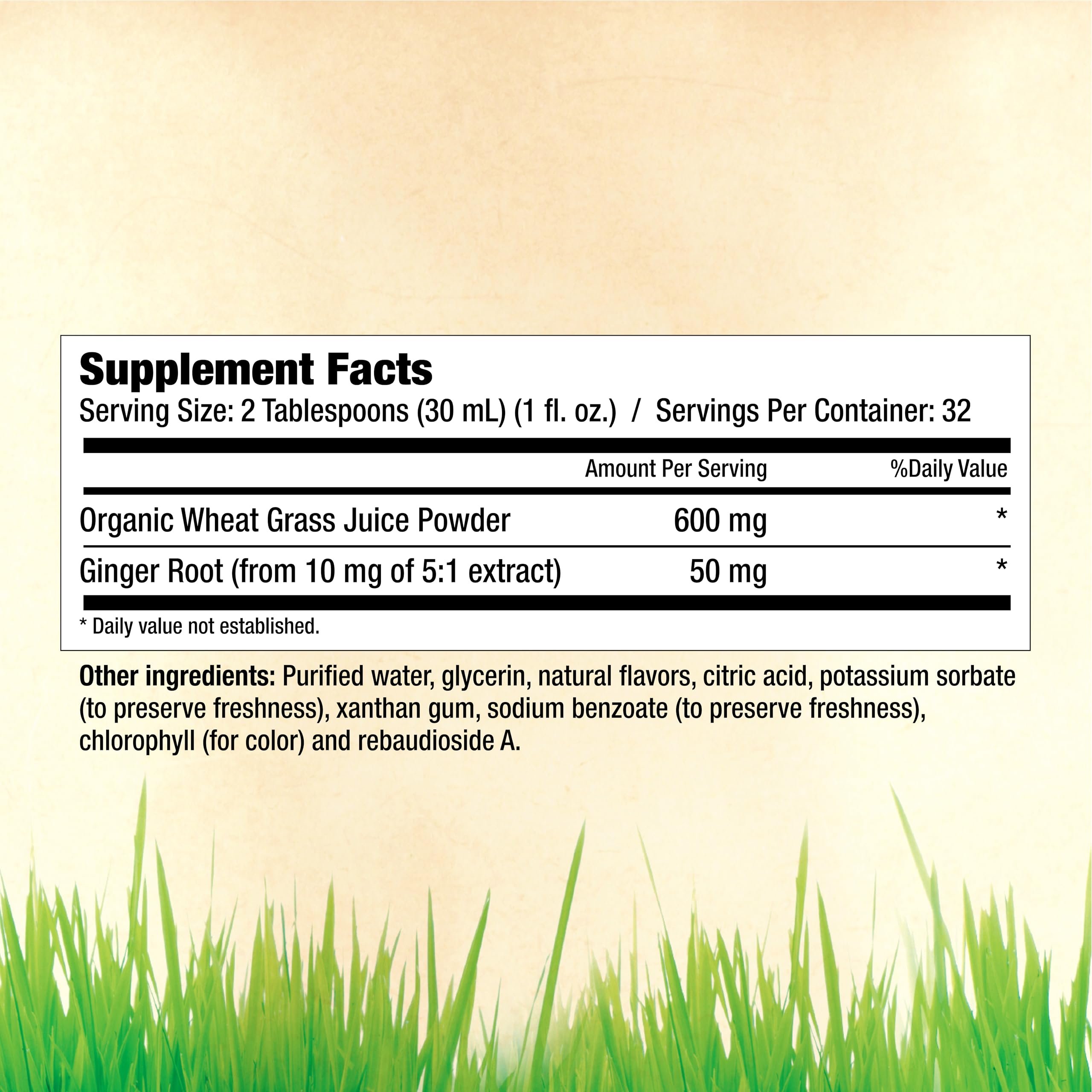 Garden Greens Wheat Grass Liquid supplement bottle highlighting the real ginger extract ingredient label.