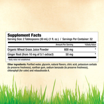 Garden Greens Wheat Grass Liquid supplement bottle highlighting the real ginger extract ingredient label.