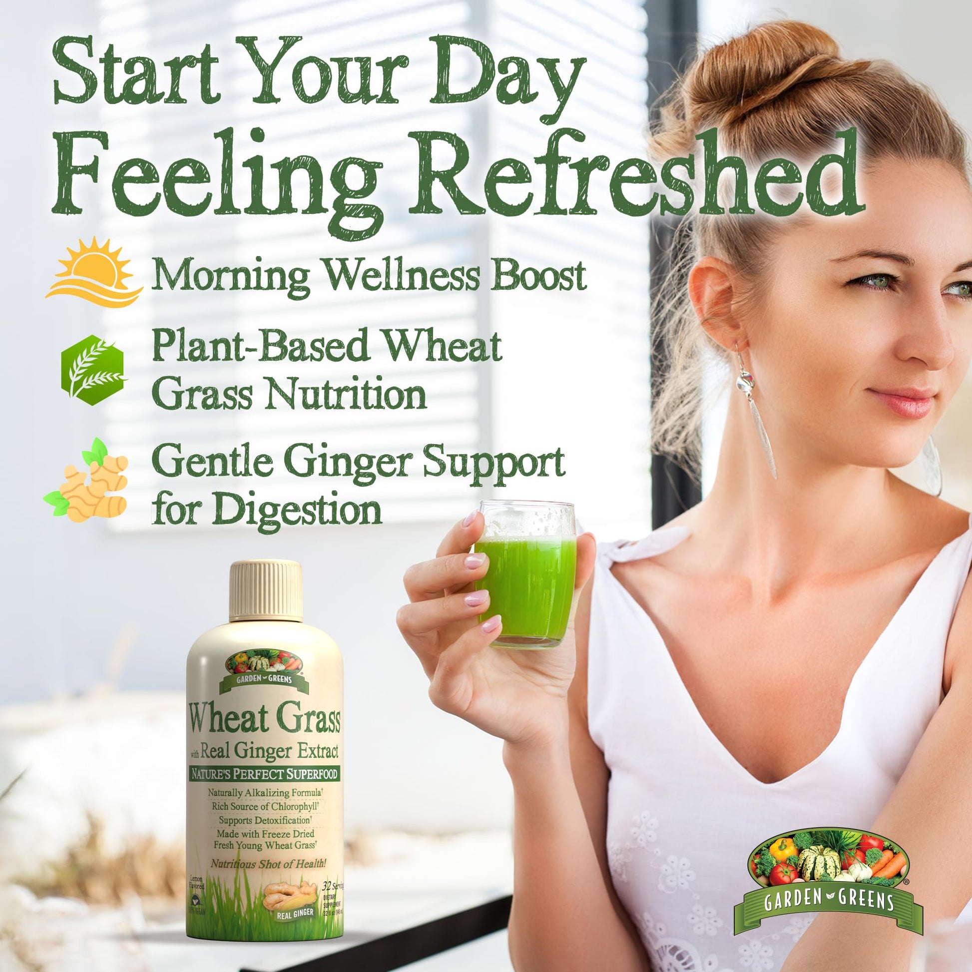 Back label of Garden Greens Wheat Grass Liquid showing complete nutritional facts and directions for use.