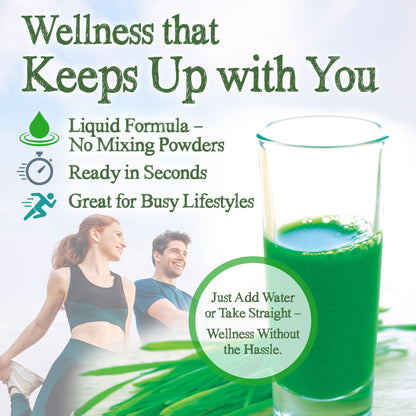Garden Greens Wheat Grass Liquid 32 fluid ounces bottle angled view demonstrating genuine superfood product design.