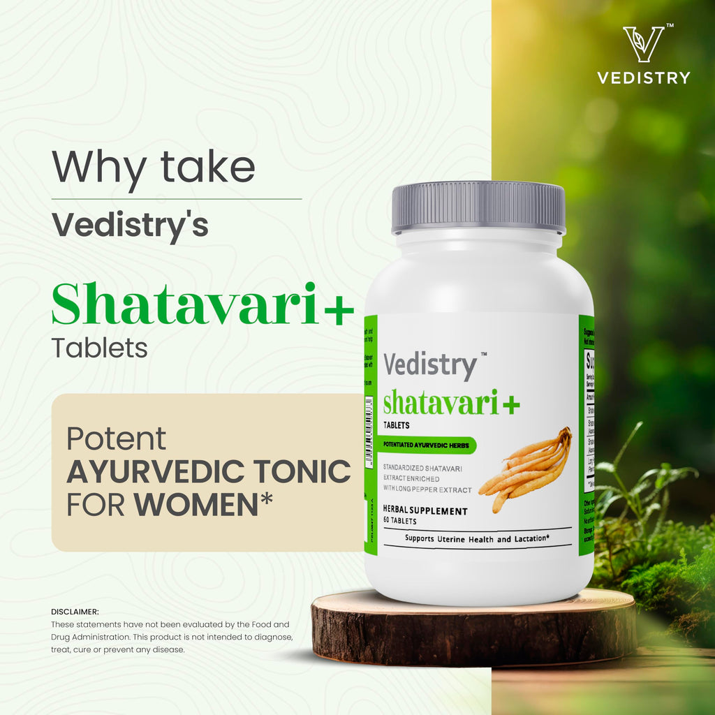 Vedistry Shatavari Plus sixty tablets bottle showcasing hormonal balance benefits