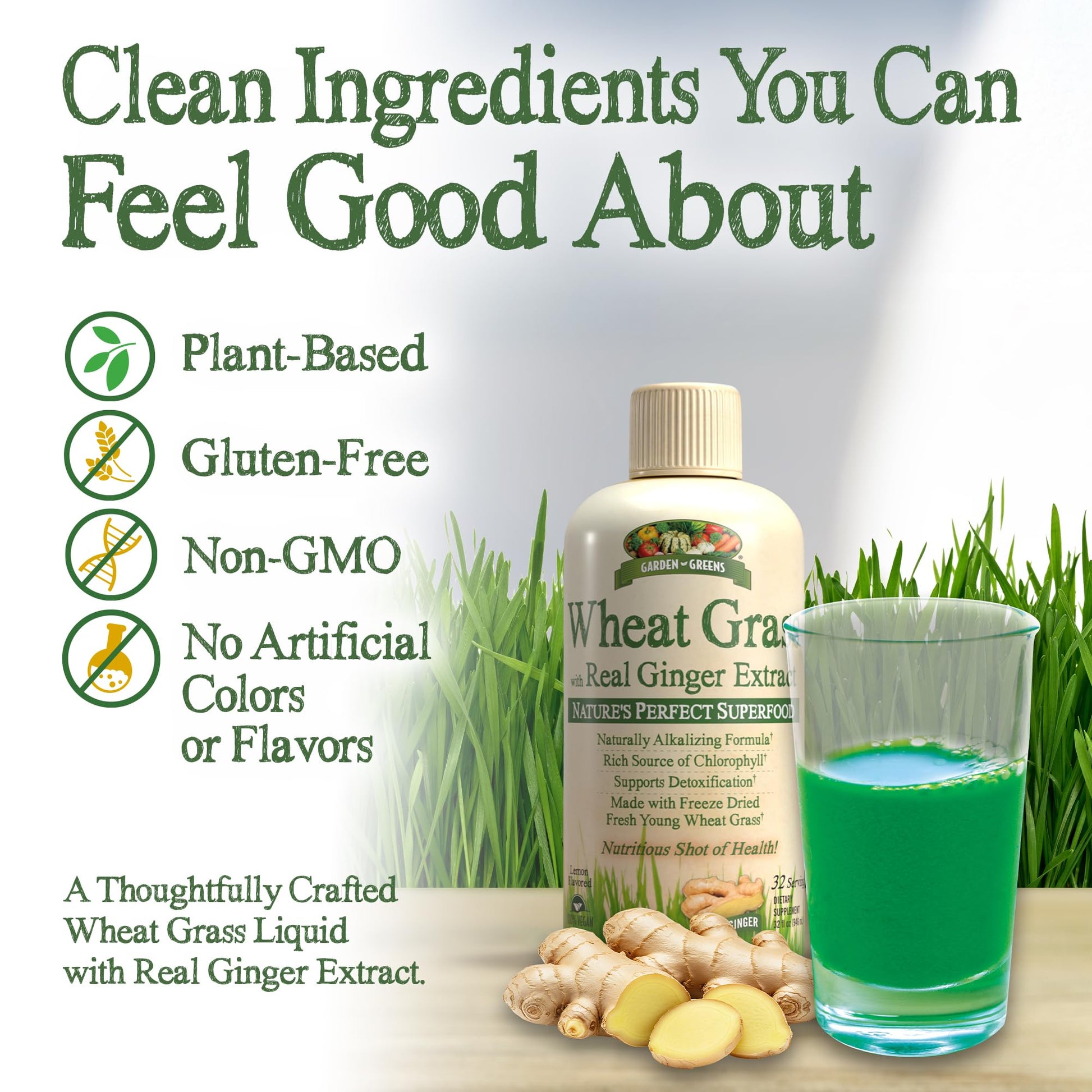 Side view of Garden Greens Wheat Grass naturally alkalizing liquid supplement bottle depicting volume clarity.
