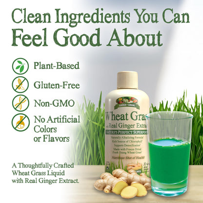 Side view of Garden Greens Wheat Grass naturally alkalizing liquid supplement bottle depicting volume clarity.