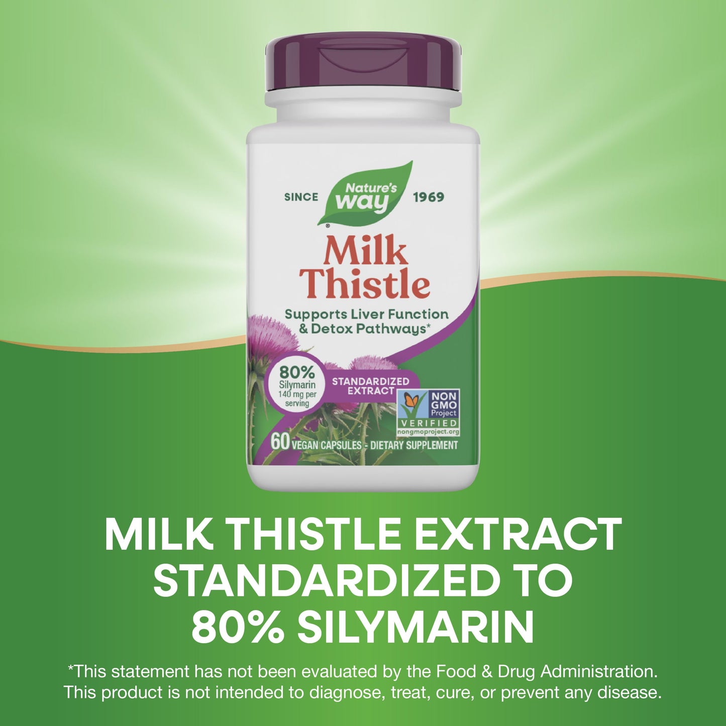 Side view of Nature's Way Milk Thistle dietary supplement highlighting non-GMO project verification