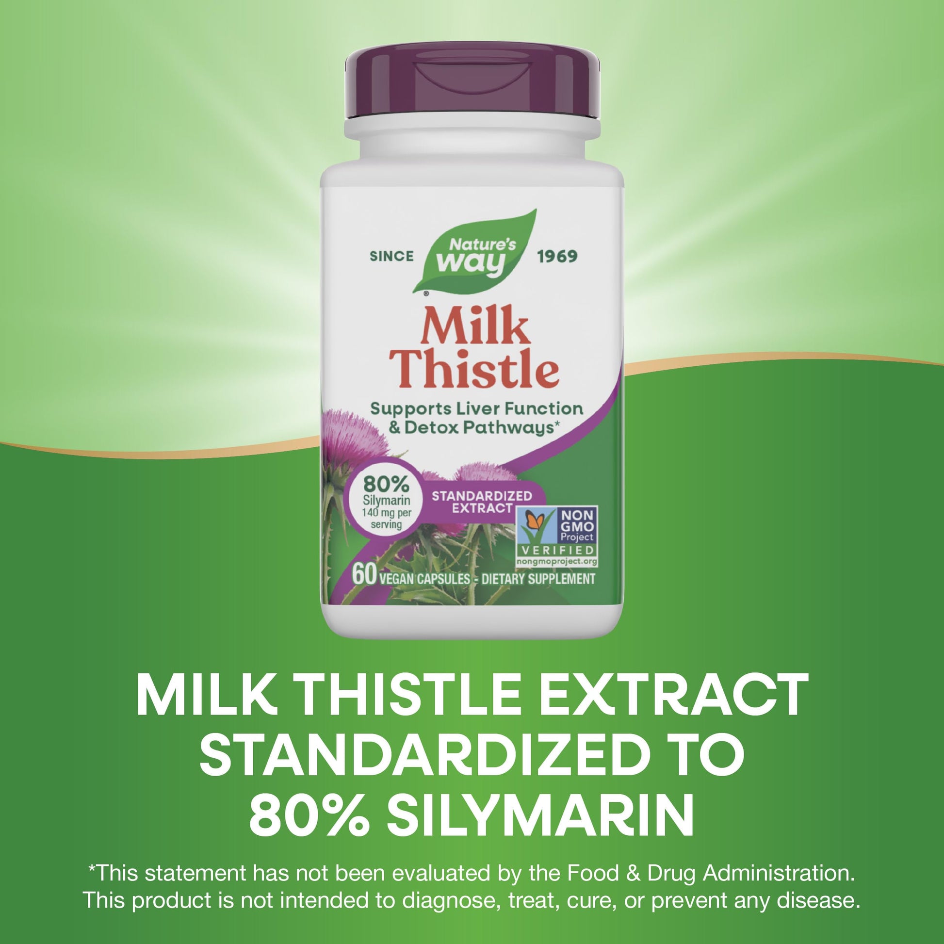 Side view of Nature's Way Milk Thistle dietary supplement highlighting non-GMO project verification