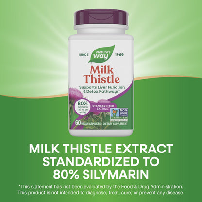 Side view of Nature's Way Milk Thistle dietary supplement highlighting non-GMO project verification