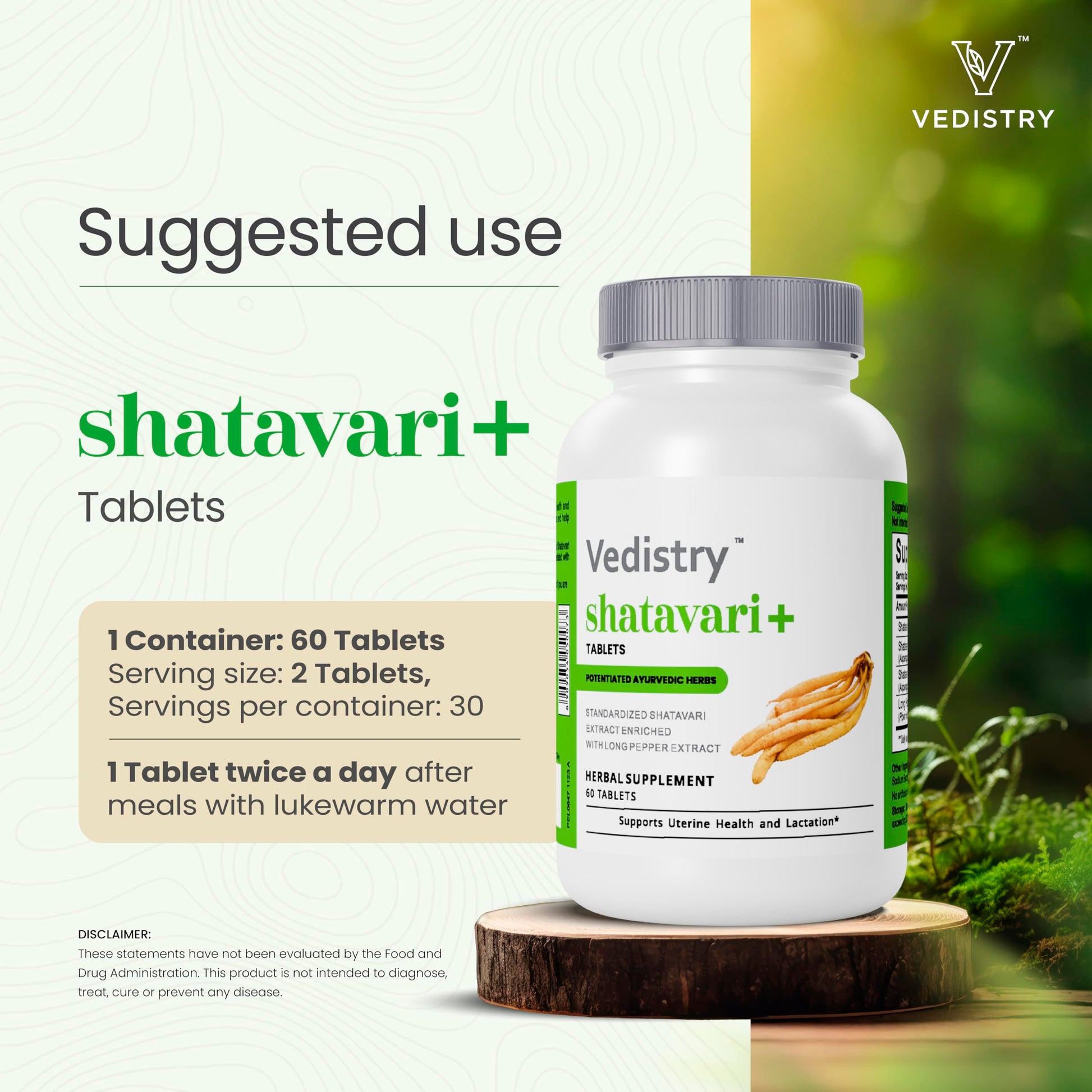 Vedistry Shatavari Plus by Charak Pharma side view with usage instructions