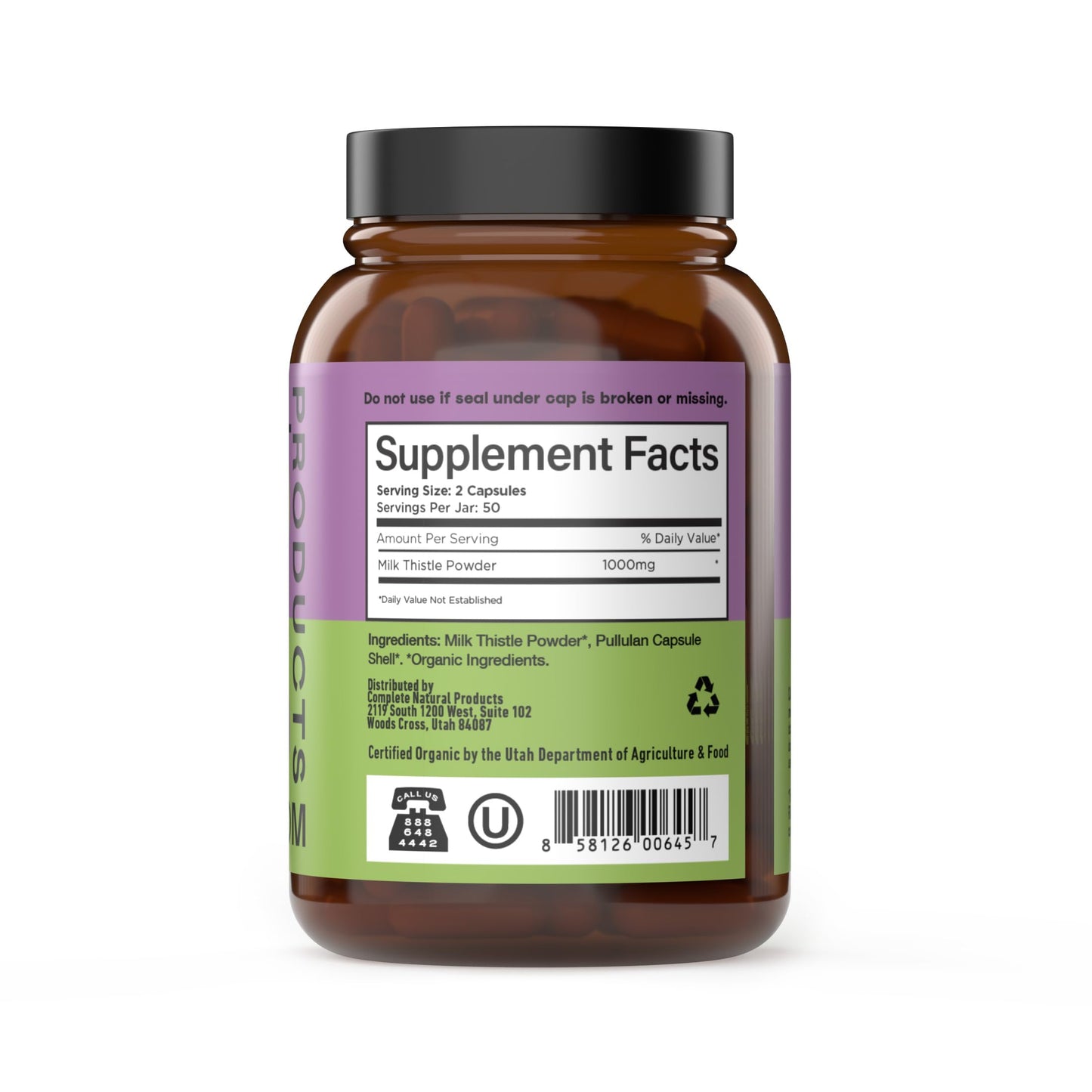 Side view of organic milk thistle 500mg silymarin powder bottle showing usage instructions