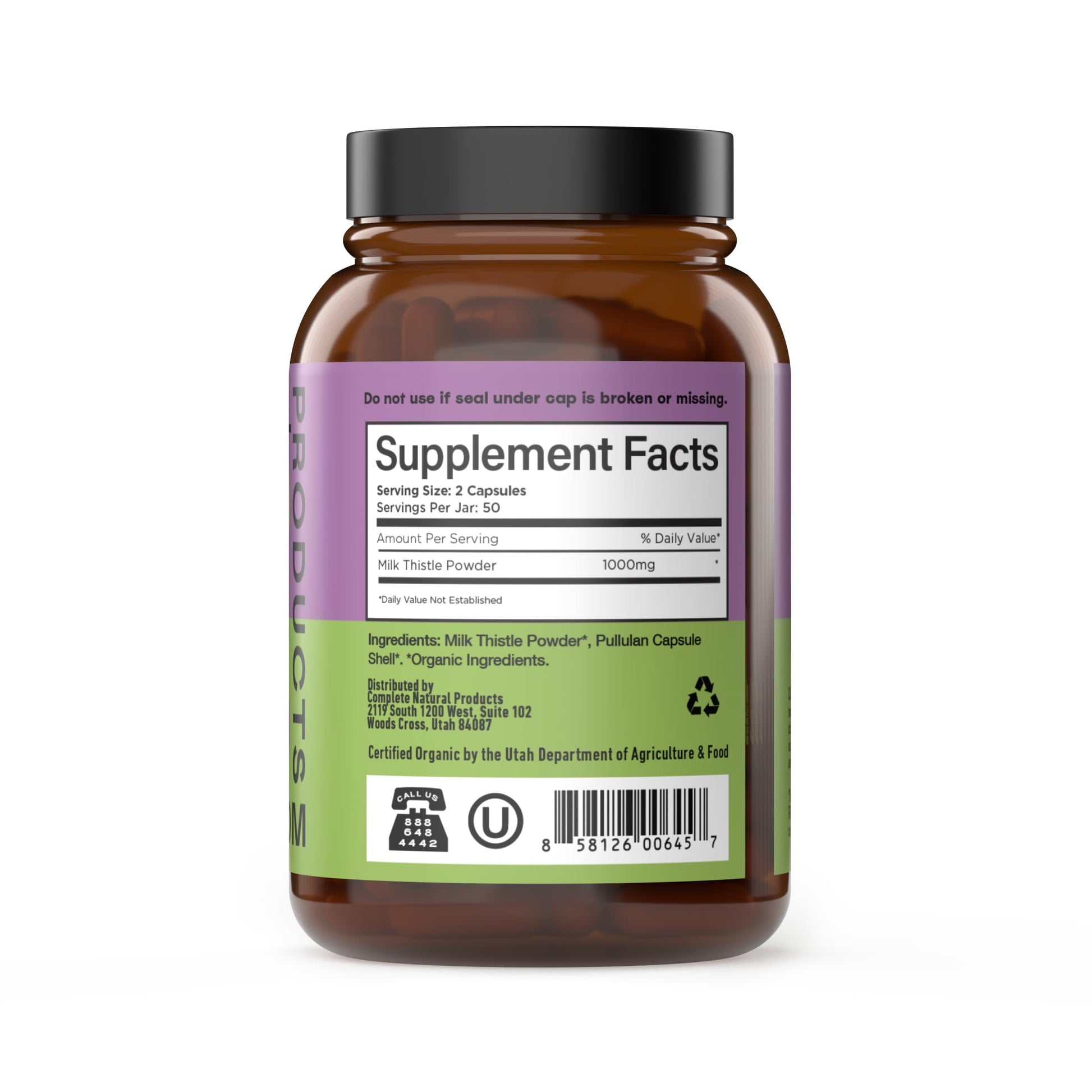 Side view of organic milk thistle 500mg silymarin powder bottle showing usage instructions