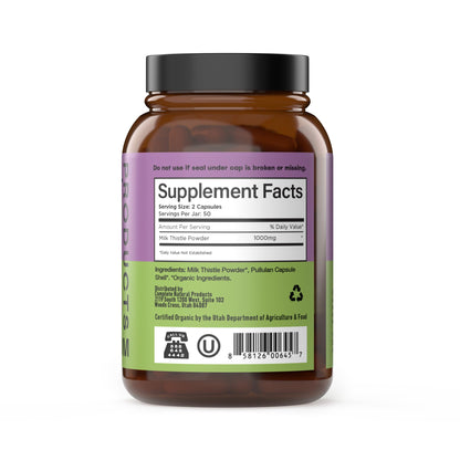 Side view of organic milk thistle 500mg silymarin powder bottle showing usage instructions