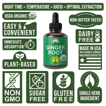 Travel friendly two fluid ounce bottle of organic ginger root extract