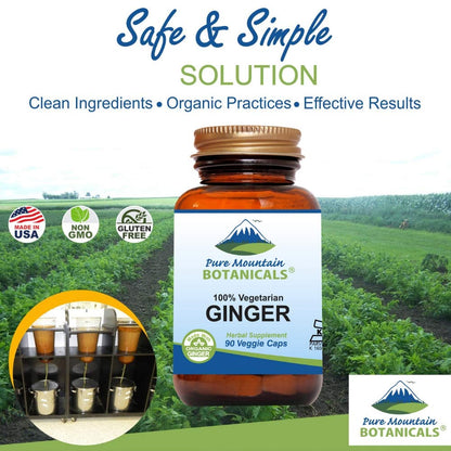 Pure Mountain Botanicals 1000 milligrams ginger root digestive support supplement packaging.