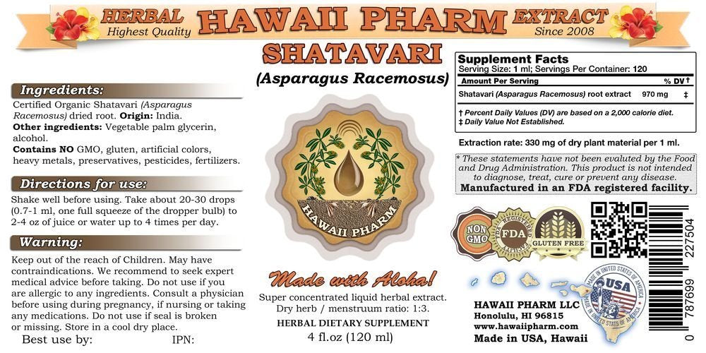 Hawaii Pharm Shatavari herbal supplement liquid extract bottle label details